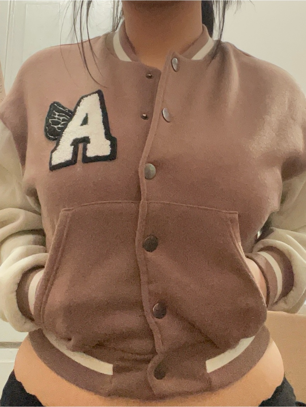 Brown Varsity Jacket with White Letter Patch